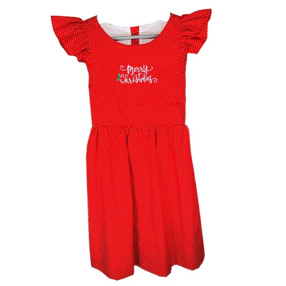 Girls Red Polka Dot Winter Christmas Holiday Embroidered Ruffle Sleeve Dress 6 - Picture 7 of 7